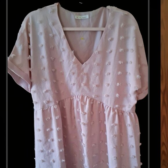 Kabundo Pink Babydoll Chenille Puff Dress ~ Short Sleeve & V-neck Size M - Picture 1 of 6